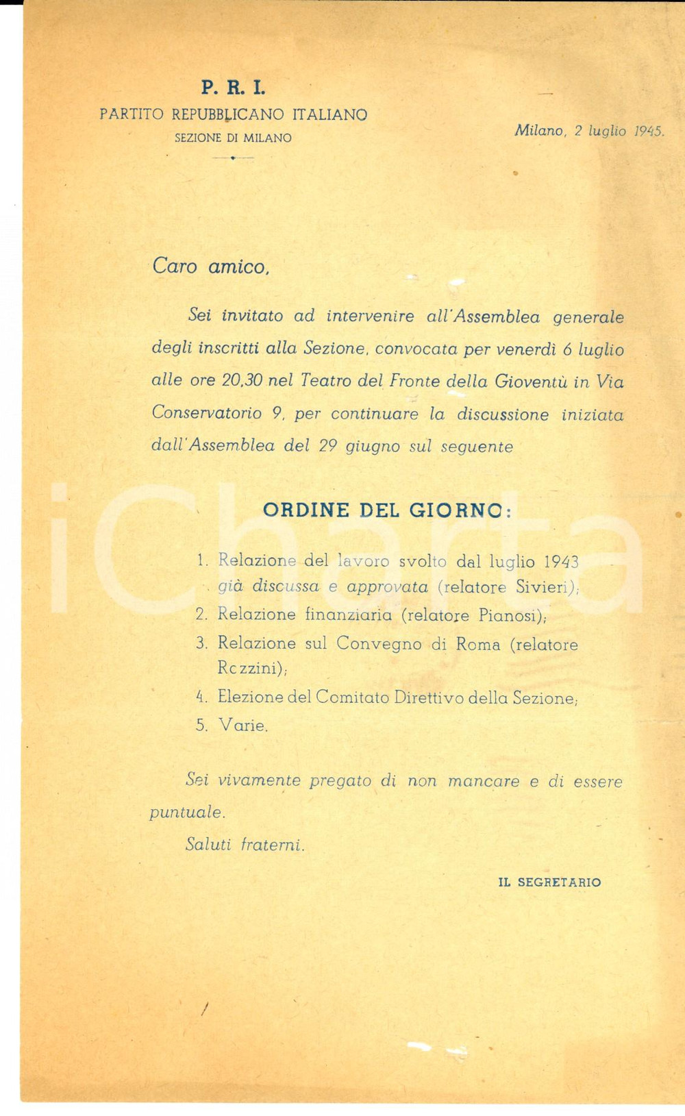 Materiale pubblicitario d’epoca 1945 PARTITO REPUBBLICANO MILANO Assemblea per elezione comitato Volantino 1