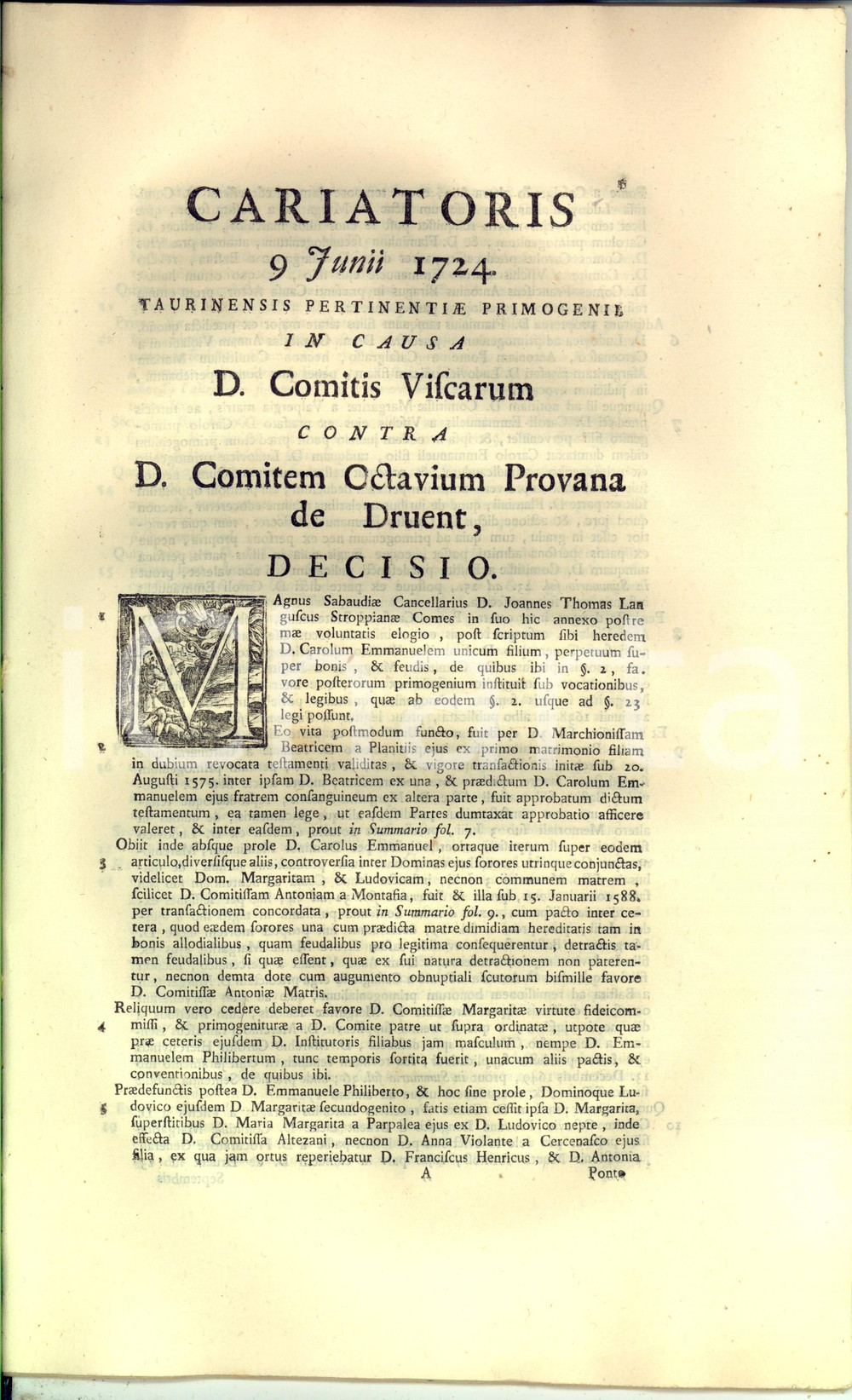 Documento originale, autentico 1724 TORINO Sentenza per primogenitura conti VISCARI vs PROVANA DI DRUENTO 1