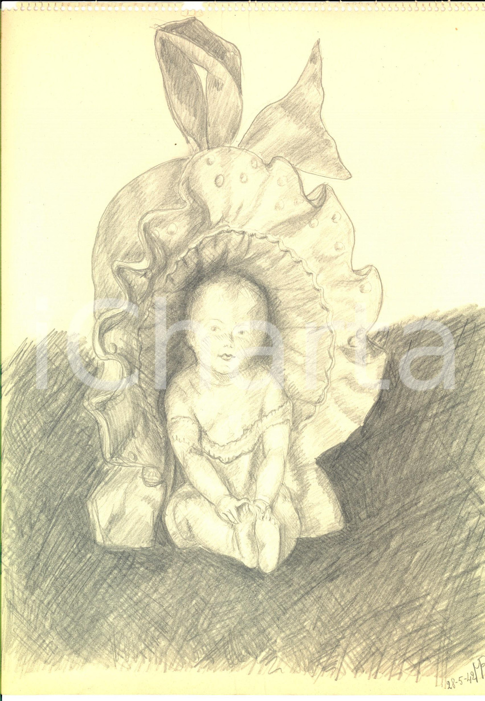 Stampa, bozzetto originale 1942 ARTE Un bambino in una curiosa nicchia Disegno a matita FIRMATO 23x31 cm 1