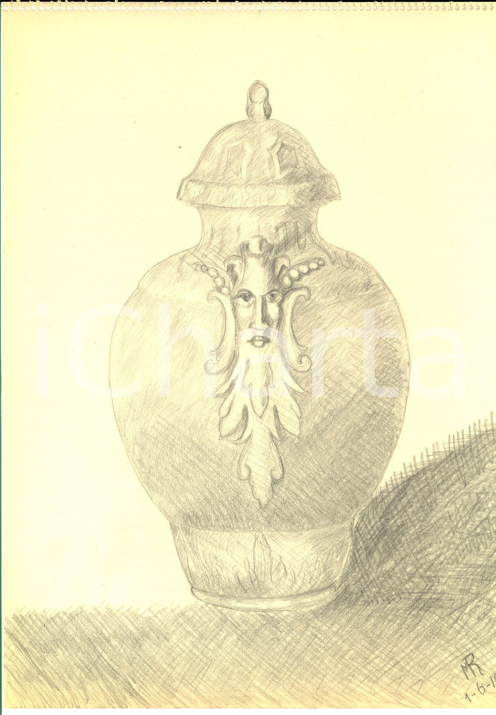 Stampa, bozzetto originale 1942 ARTE Un anfora con volto umano Disegno a matita FIRMATO 31x23 cm 1