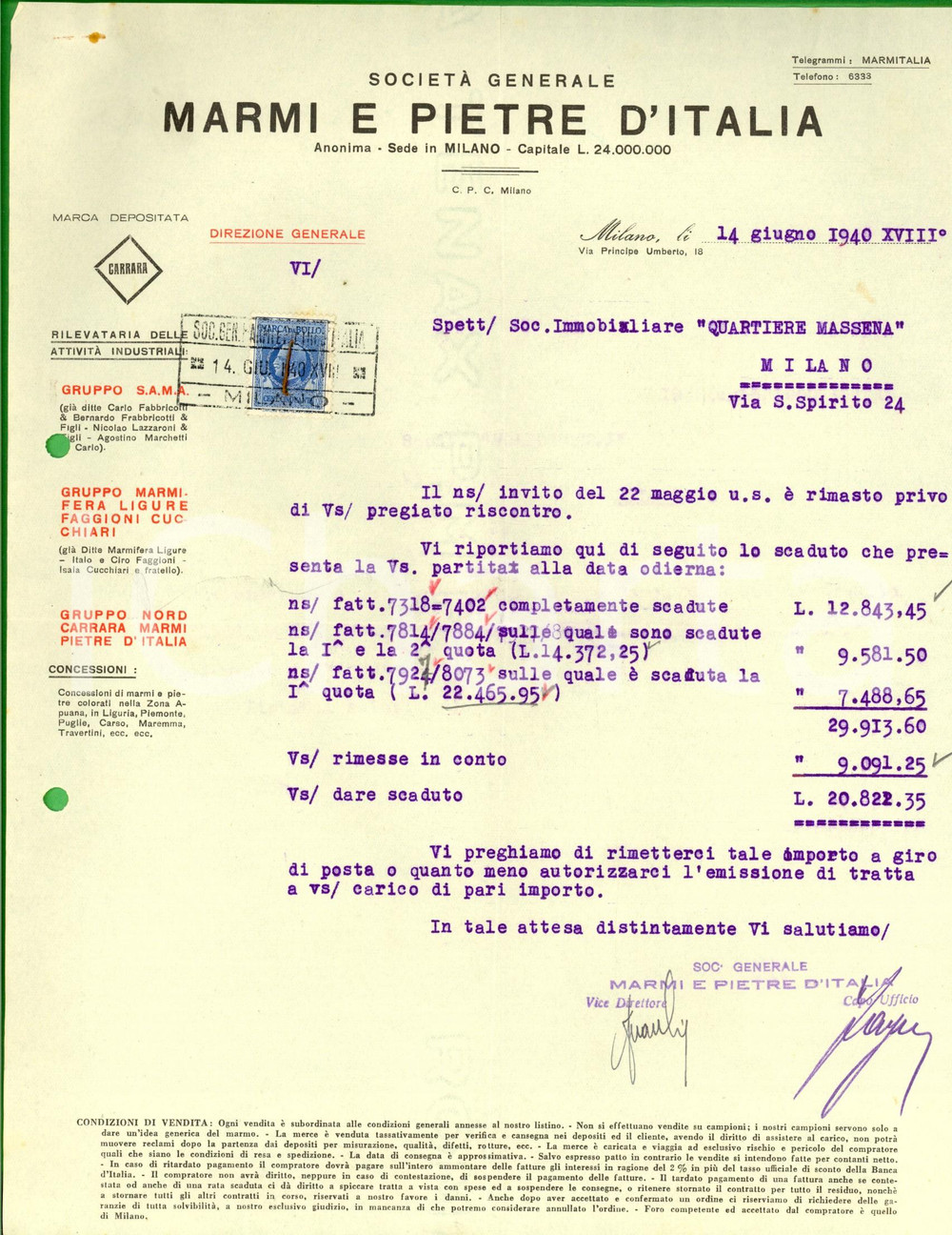 Documento originale, autentico 1940 MILANO SocietÃ  Generale MARMI E PIETRE D ITALIA Lettera commerciale 1