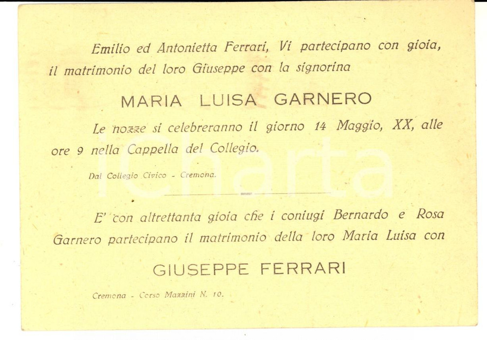 Documento originale, autentico 1942 CREMONA Nozze Giuseppe FERRARI  Maria Luisa GARNERO Cartolina postale 1