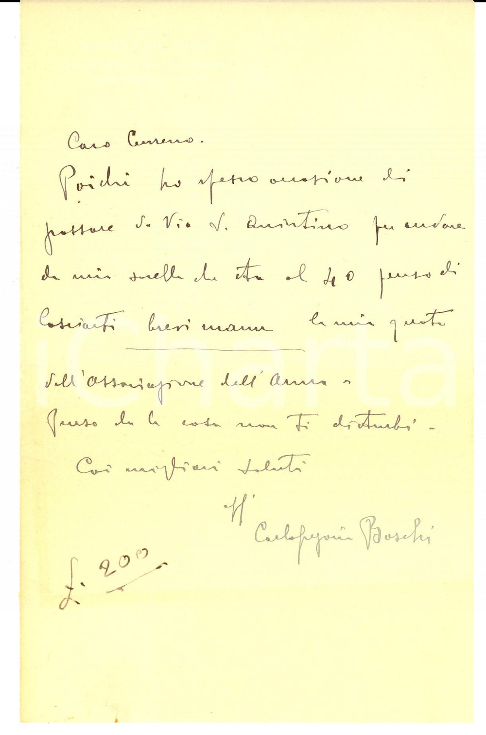 Manoscritto, lettera originale 1960 ca TORINO SOCIETA  DEL WHIST Lettera Carlo Gregorio BOSCHI sulla quota 1