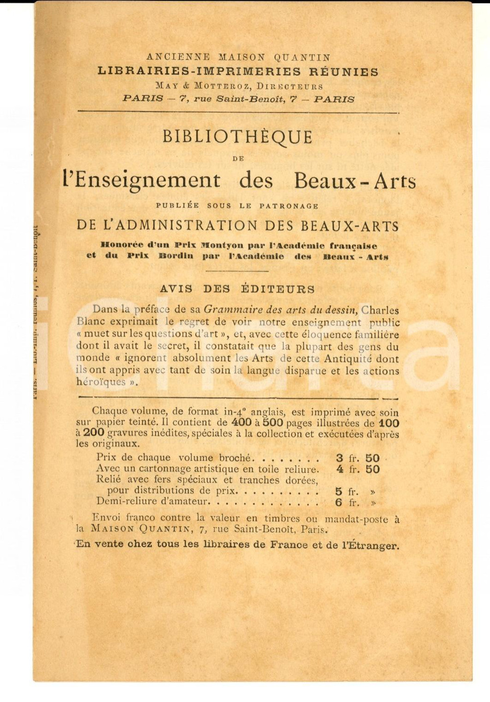 Materiale pubblicitario d’epoca 1880 ca Bibliothèque de l Enseignement des BeauxArts Avis des Ã©diteurs QUANTIN 1