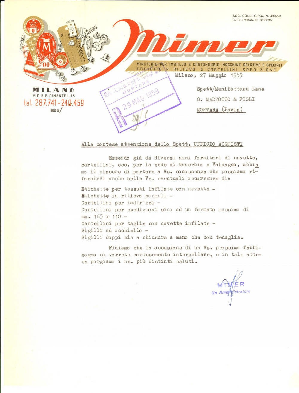 Documento originale, autentico 1959 MILANO Ditta MIMER Minuterie per imballo  Lettera commerciale 1