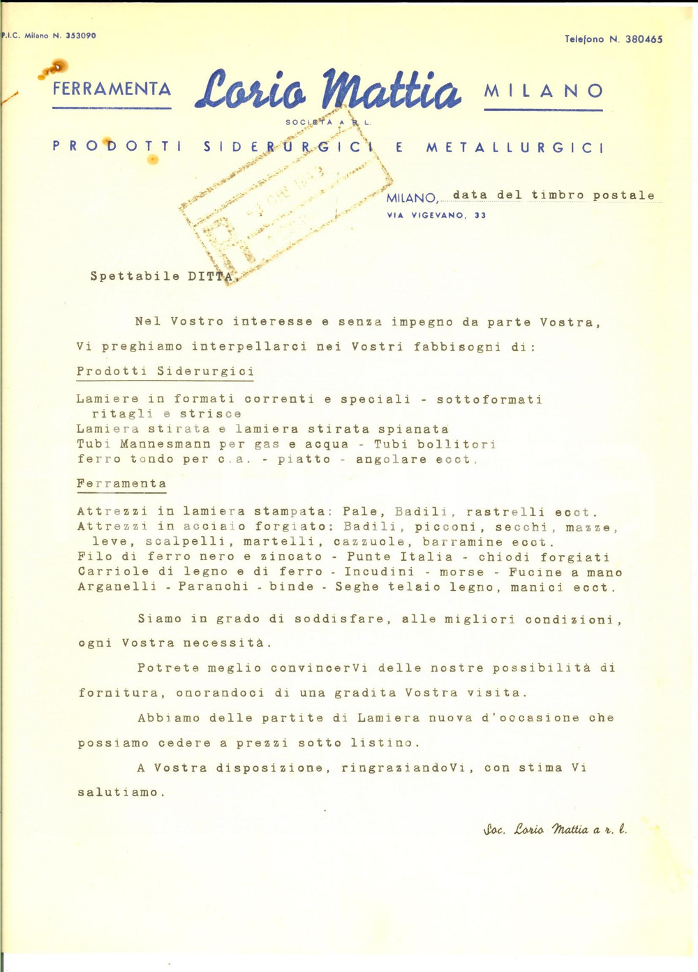 Documento originale, autentico 1949 MILANO Ferramenta Mattia LORIO  Lettera commerciale prodotti siderurgici 1