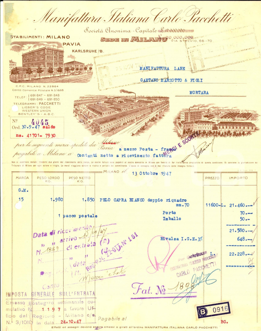 1947 MILANO Manifattura Italiana Carlo PACCHETTI Fattura per pelo capra bianco CONDIZIONI: fair (fori marginali)    originale e autentica 1