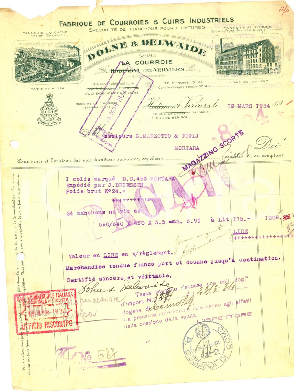 Documento originale, autentico 1934 HODIMONTVERVIERS Fabrique DOLNE & DELWAIDE Courroies & cuirs Fattura 1