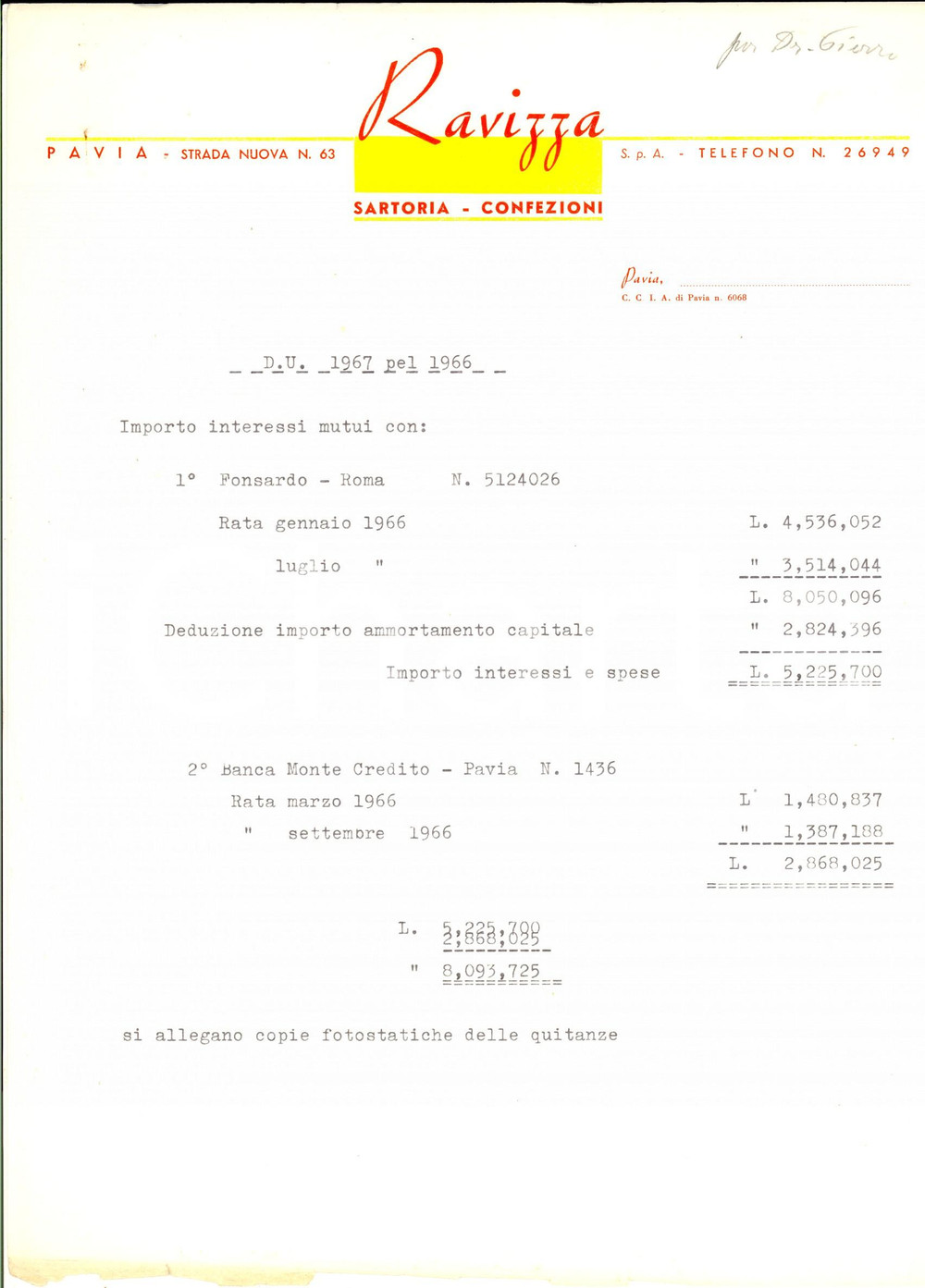 Manoscritto, lettera originale 1967 PAVIA SartoriaConfezioni RAVIZZA  Lettera commerciale INTESTATA 1