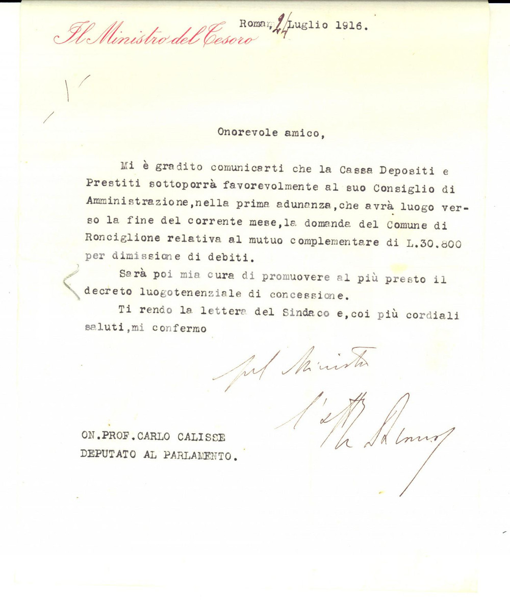 Documento originale, autentico 1916 MINISTERO DEL TESORO Lettera a Carlo CALISSE su Cassa Depositi e Prestiti 1