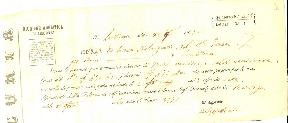 Documento originale, autentico 1867 LENDINARA RIUNIONE ADRIATICA SICURTA  Ricevuta Teresa DE LAZZARA MALMIGNATI 1