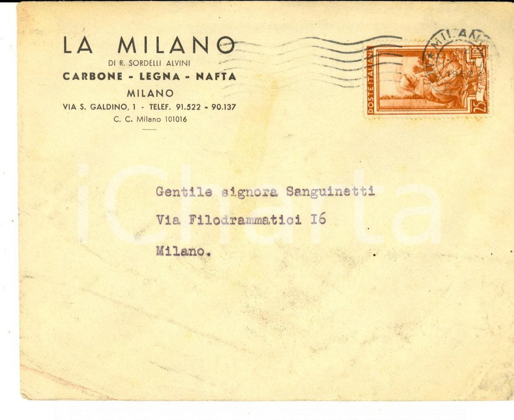 Materiale pubblicitario d’epoca 1952 MILANO Ditta LA MILANO di R. SOLDELLI ALVINI Carbone e legna Busta 1