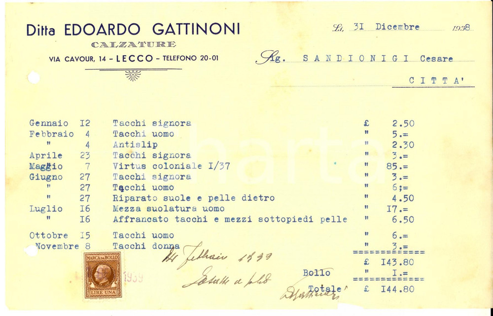 Documento originale, autentico 1938 LECCO via Cavour  Ditta Edoardo GATTINONI Calzature Fattura intestata 1