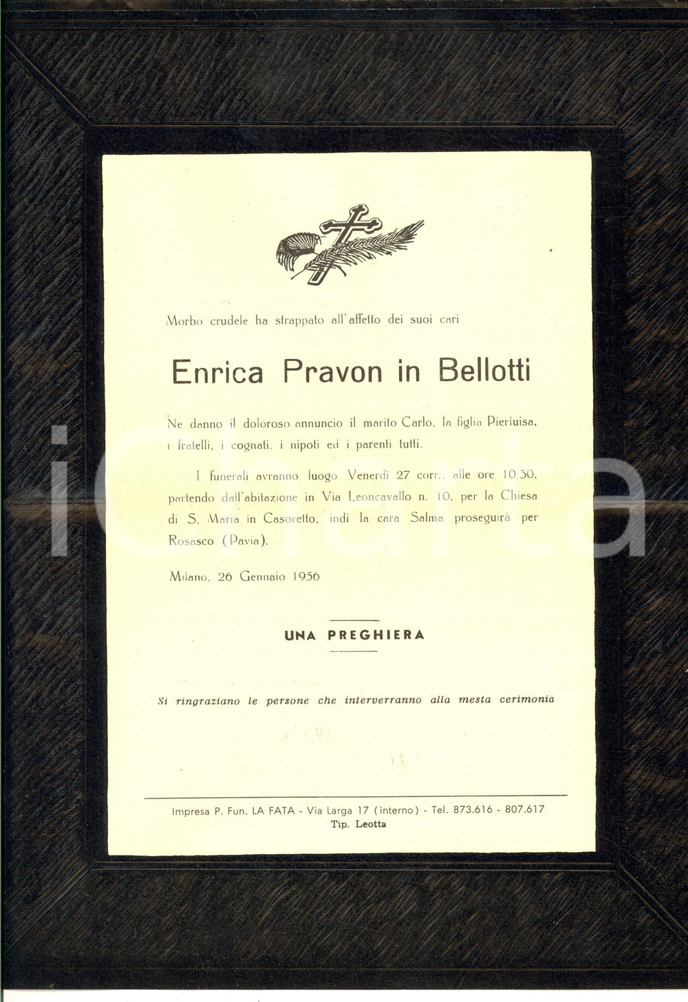 Documento originale, autentico 1956 MILANO Manifestino lutto per Enrica PRAVON in BELLOTTI 1