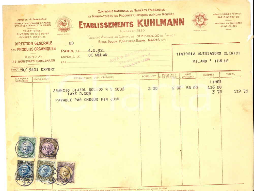 Documento originale, autentico 1932 PARIS Etablissements KUHLMANN Colorantes Fattura intestata con bolli 1