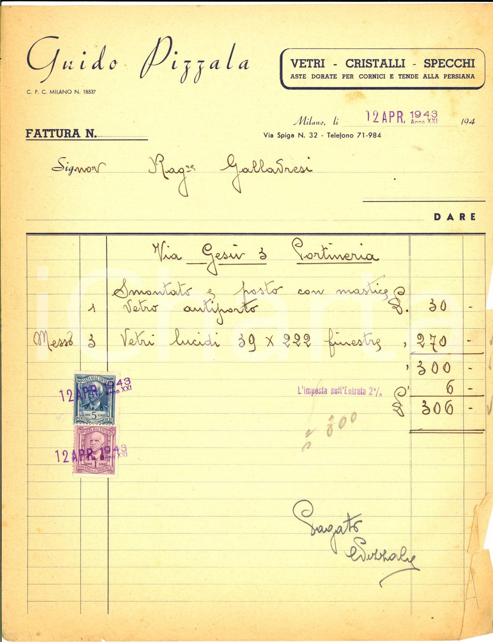 Documento originale, autentico 1943 MILANO Guido PIZZALA Vetri cristalli specchi Fattura intestata con bolli 1