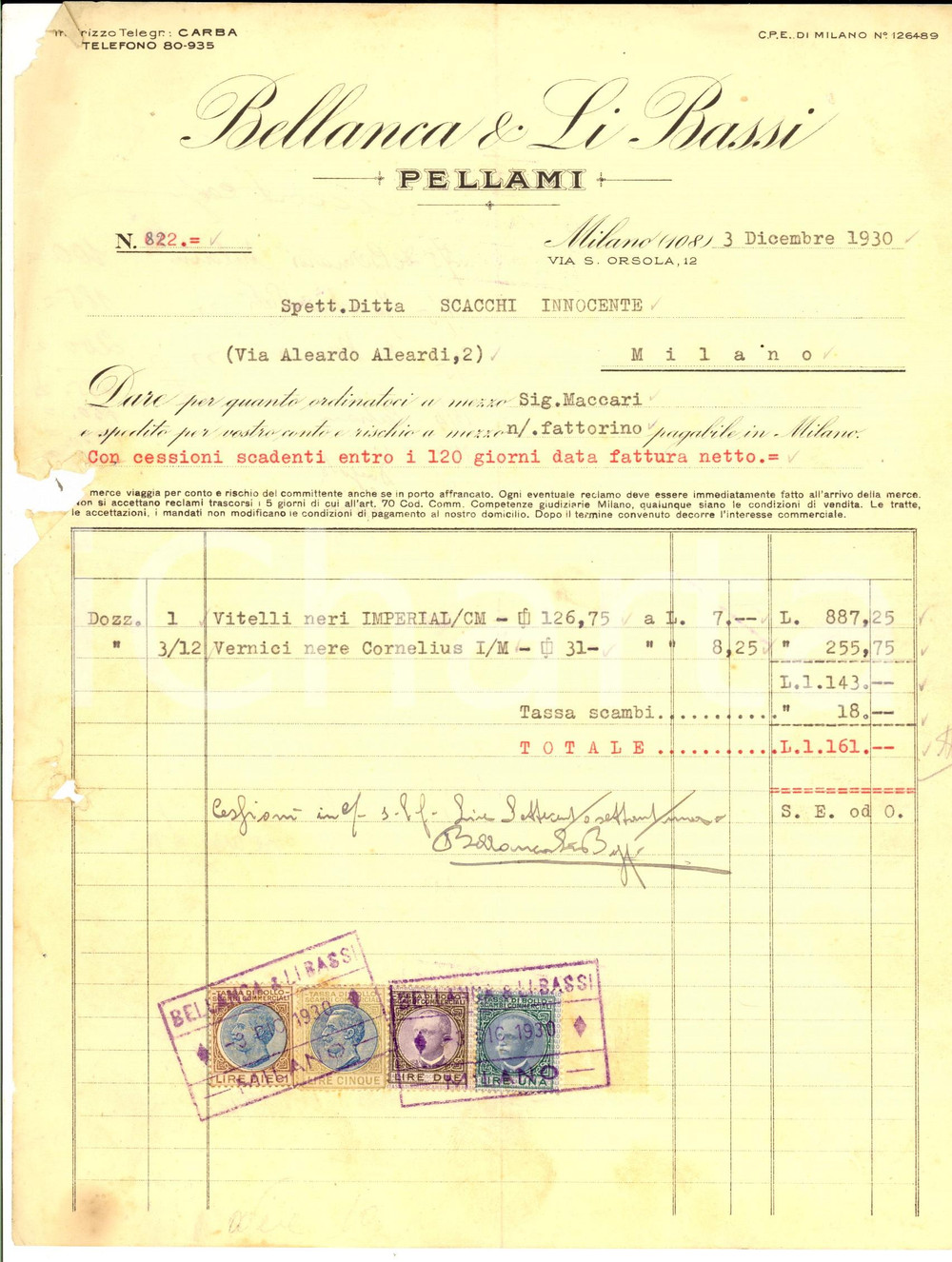 Documento originale, autentico 1930 MILANO Ditta BELLANCA & LI BASSI Pellami Fattura intestata con bolli 1