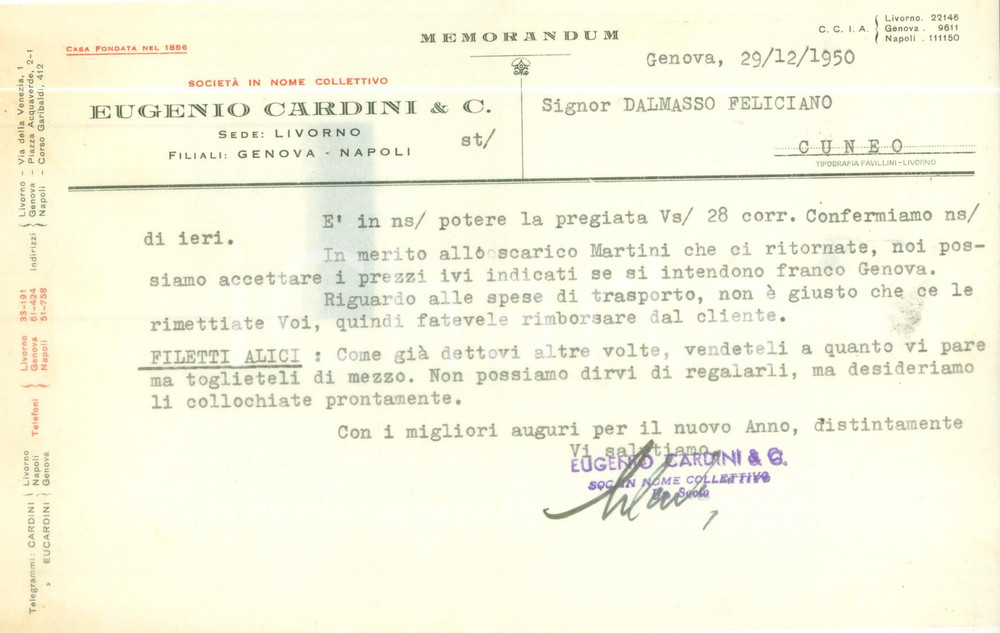 Documento originale, autentico 1950 LIVORNO Società Eugenio CARDINI su carico di filetti di alici Documento 1