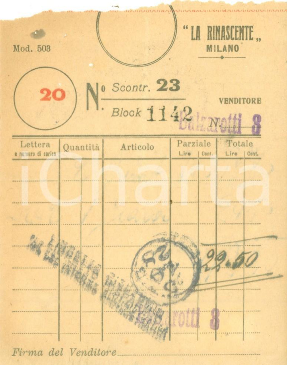 Documento originale, autentico 1928 MILANO Scontrino de LA RINASCENTE con timbri DANNEGGIATO 1