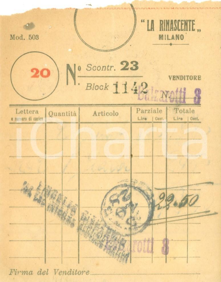 Documento originale, autentico 1928 MILANO Scontrino de LA RINASCENTE con timbri DANNEGGIATO 1