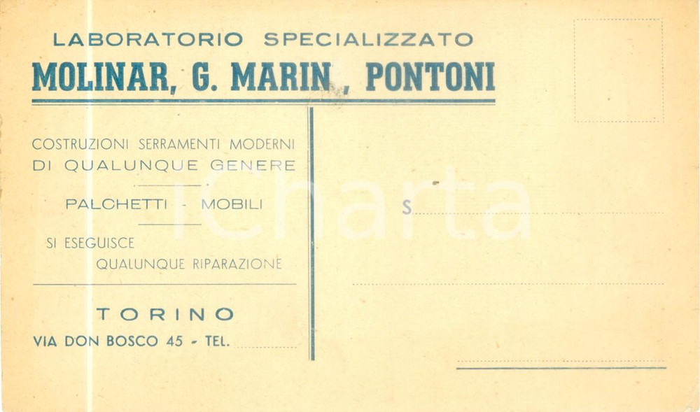 Cartolina originale da collezione 1940 ca TORINO Laboratorio specializzato MOLINAR MARIN PONTONI Cartolina FP NV 1