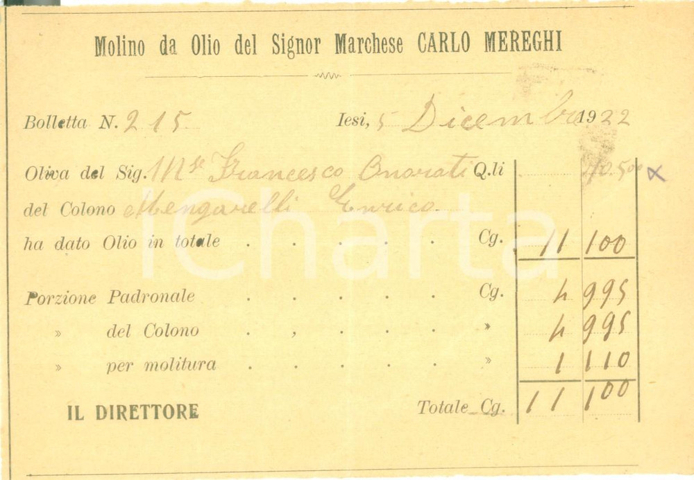 Documento originale, autentico 1922 JESI AN Molino da Olio Marchese Carlo MEREGHI Ricevuta per olive 1