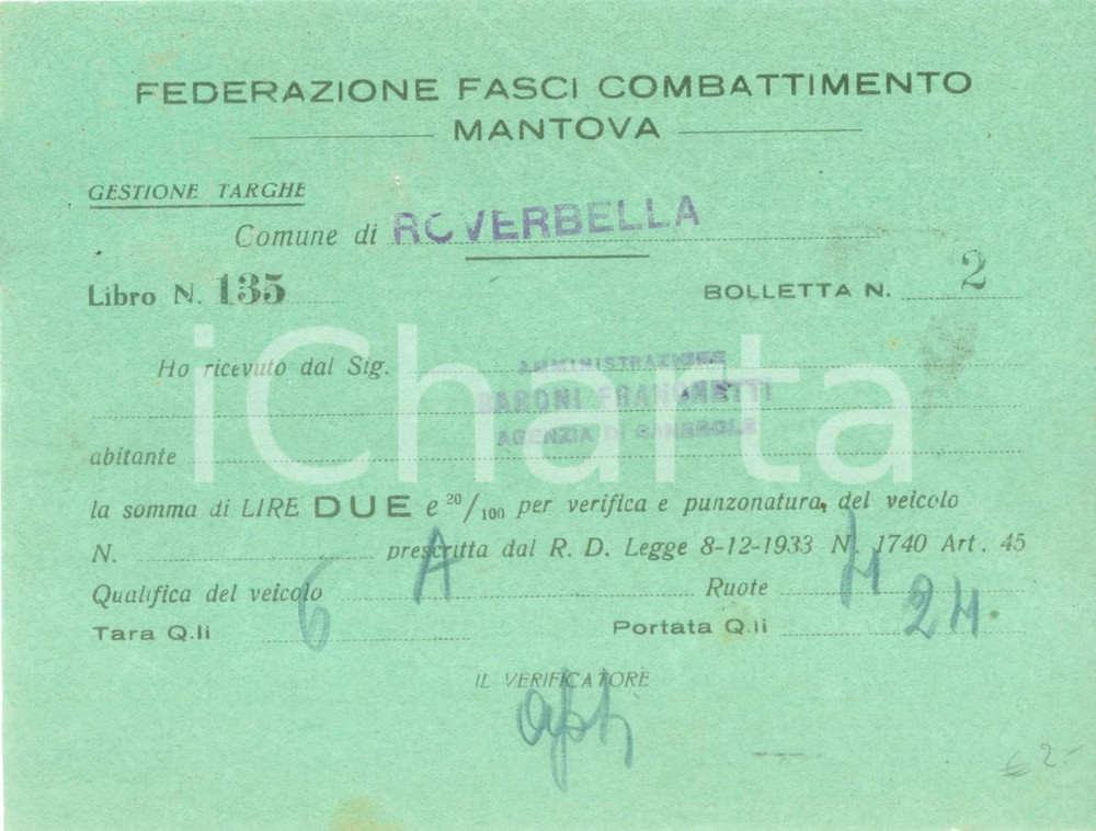 Documento originale, autentico 1935 ca ROVERBELLA MN Fasci di Combattimento Punzonatura veicolo Ricevuta 1
