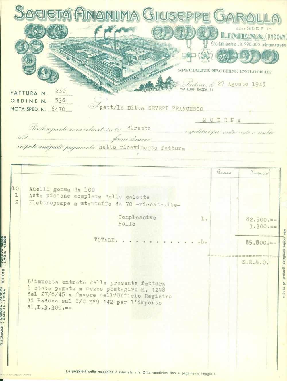 Documento originale, autentico 1945 LIMENA PD Società Anonima Giuseppe GAROLLA Specialità macchine enologiche 1