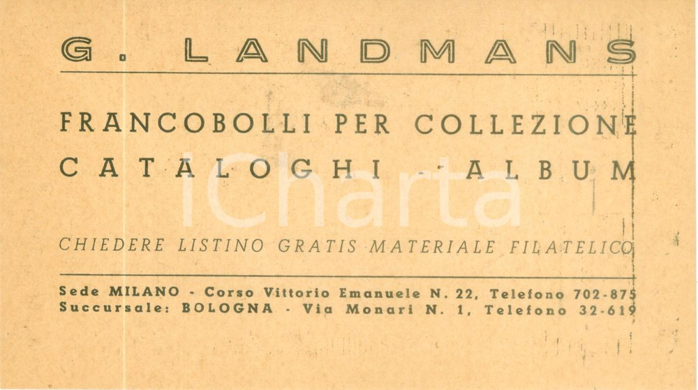 Materiale pubblicitario d’epoca 1950 ca BOLOGNA Francobolli per collezione LANDMANS Misuratore di grandezze 1