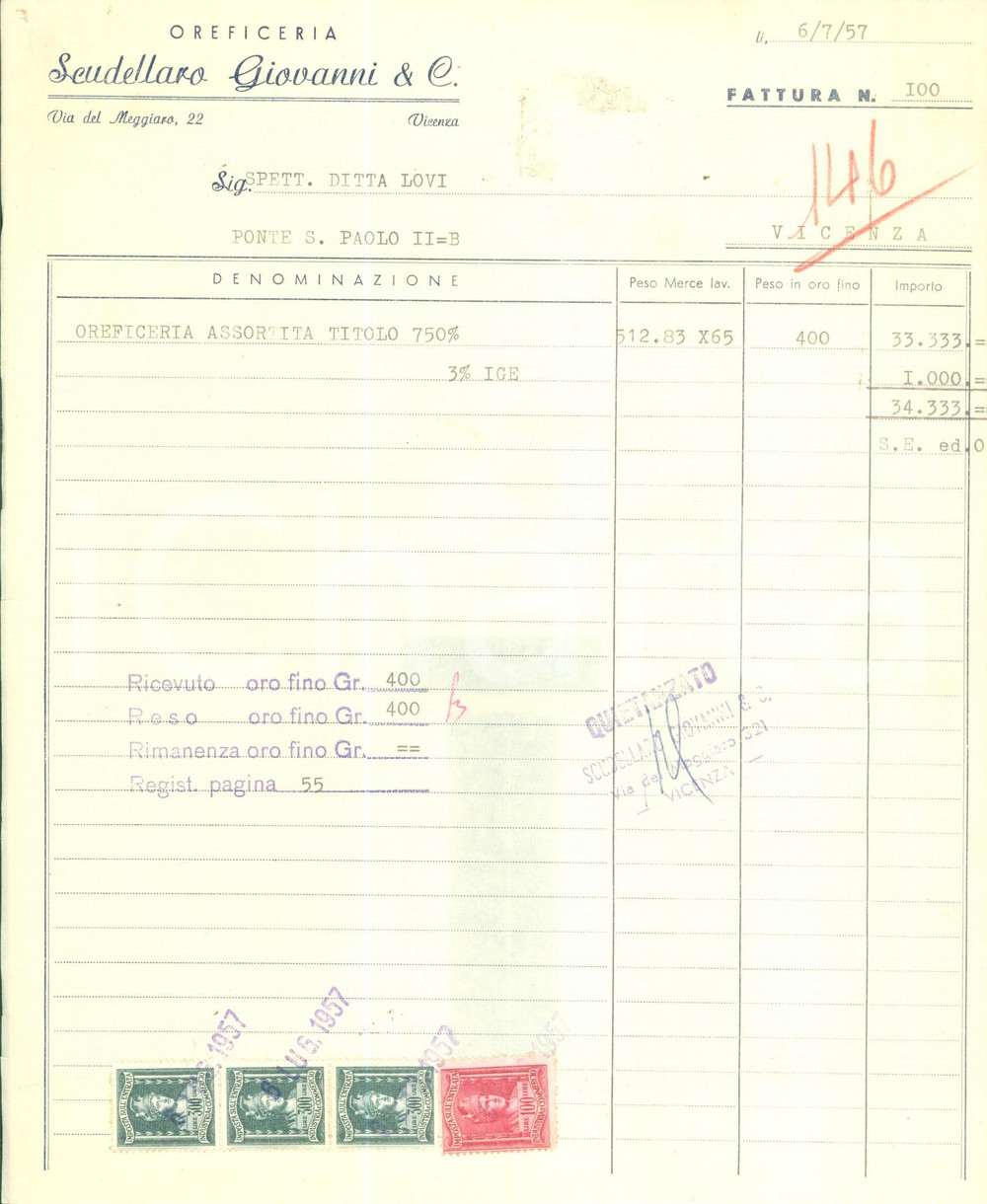 Documento originale, autentico 1957 VICENZA Oreficeria Giovanni SCUDELLARO & C. Fattura commerciale 1