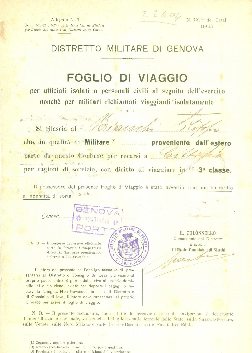 Documento originale, autentico 1916 GENOVA WW1 Foglio di viaggio Filippo BIANCHI diretto a CITTIGLIO Documento 1