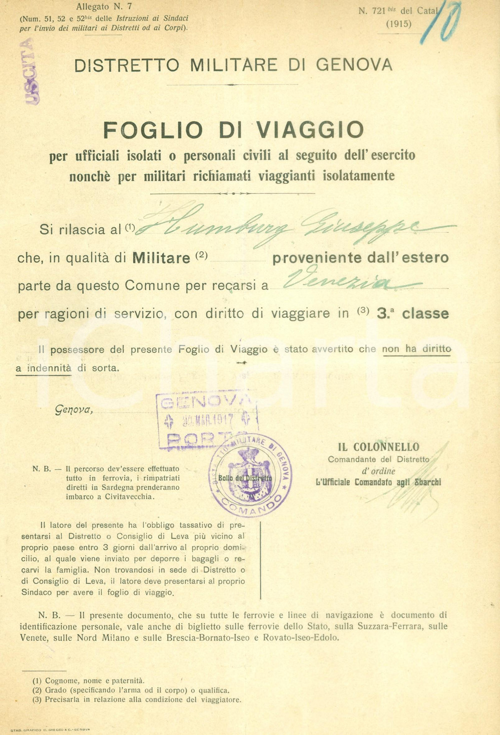 Documento originale, autentico 1917 GENOVA WW1 Foglio di viaggio Giuseppe HUMBURG diretto a VENEZIA Documento 1