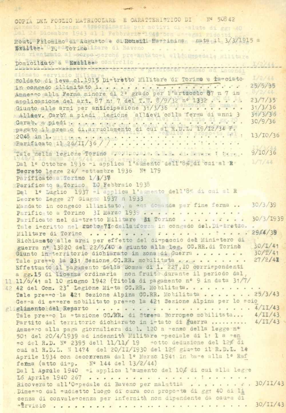 Documento originale, autentico 1944 NOVARA RSI Soldato di leva Filomino MOUT Foglio matricolare 1