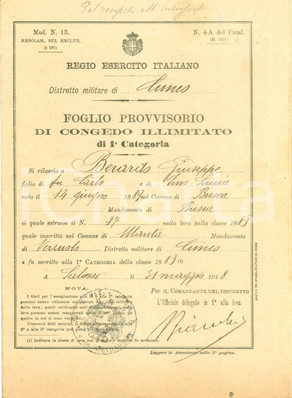 Documento originale, autentico 1918 VERZUOLO CN WW1 Congedo illimitato soldato Giuseppe BERARDO Documento 1