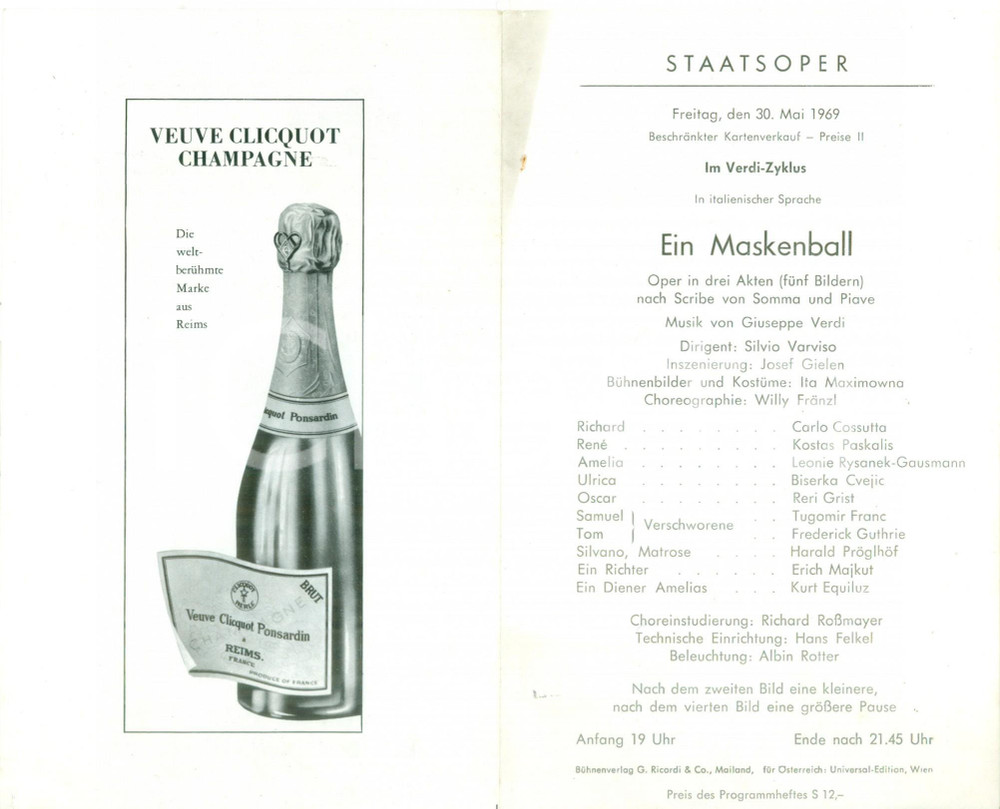 Materiale pubblicitario d’epoca 1969 WIEN Un ballo in maschera Ein Maskenball di Giuseppe VERDI Veuve Clicquot 1