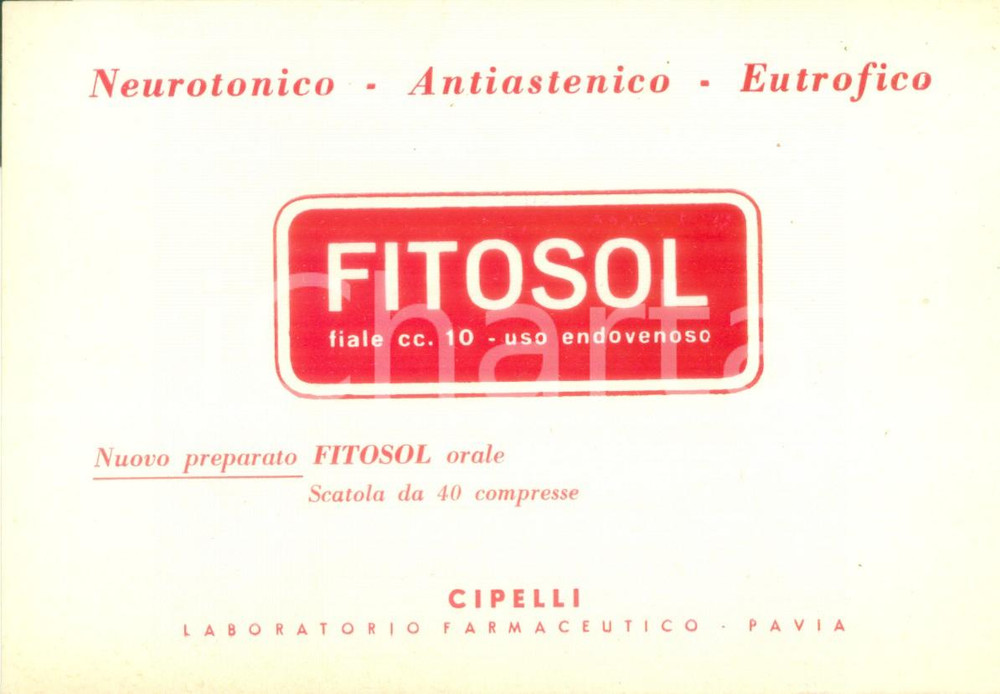 1950 ca PAVIA Laboratorio Farmaceutico CIPELLI Cartoncino per FITOSOL Pubblicità