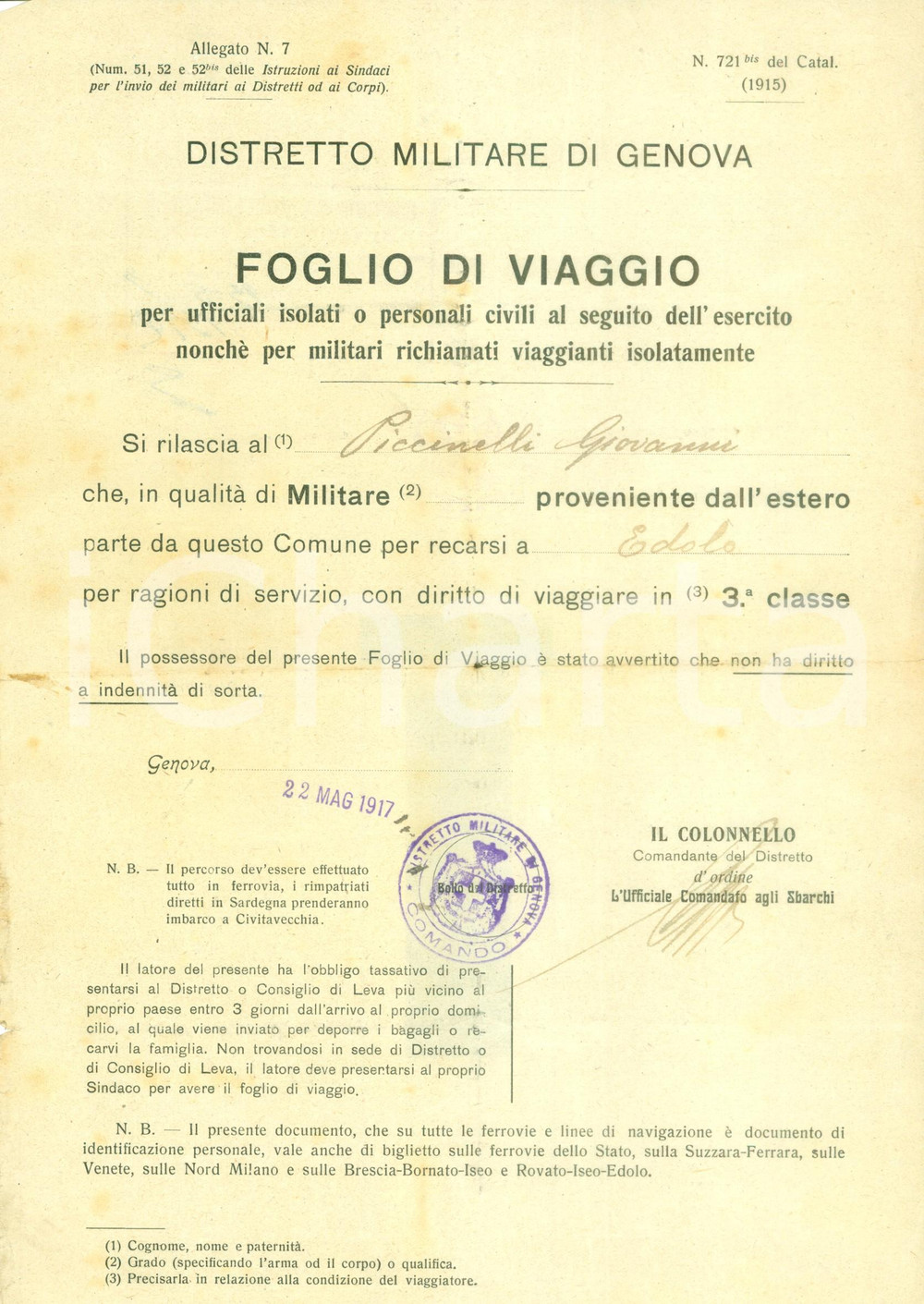 Documento originale, autentico 1917 GENOVA WW1 Foglio di viaggio militare Giovanni PICCINELLI per EDOLO 1