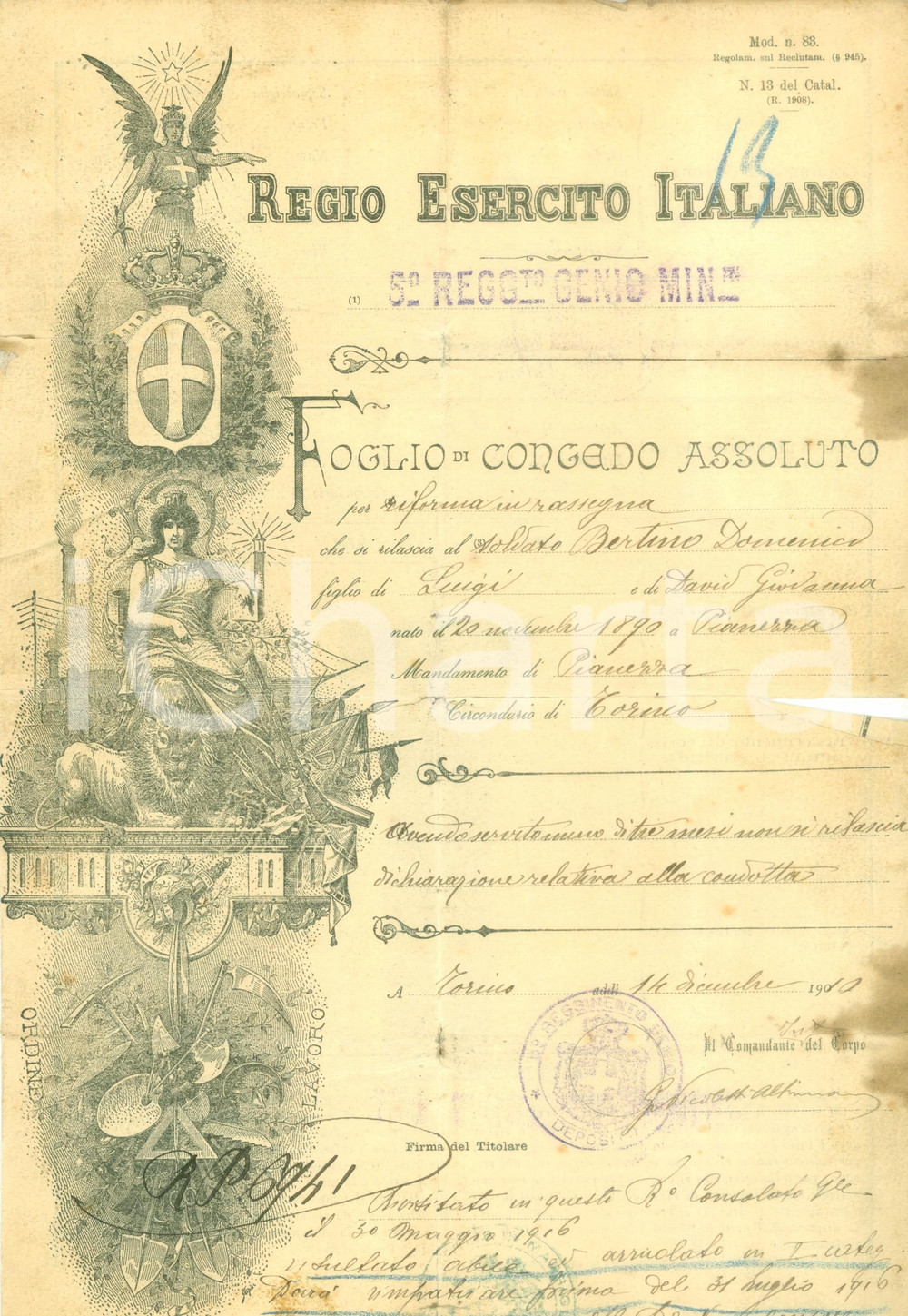 Documento originale, autentico 1916 PIANEZZA TO WW1 Congedo assoluto soldato Domenico BERTINO DANNEGGIATO 1