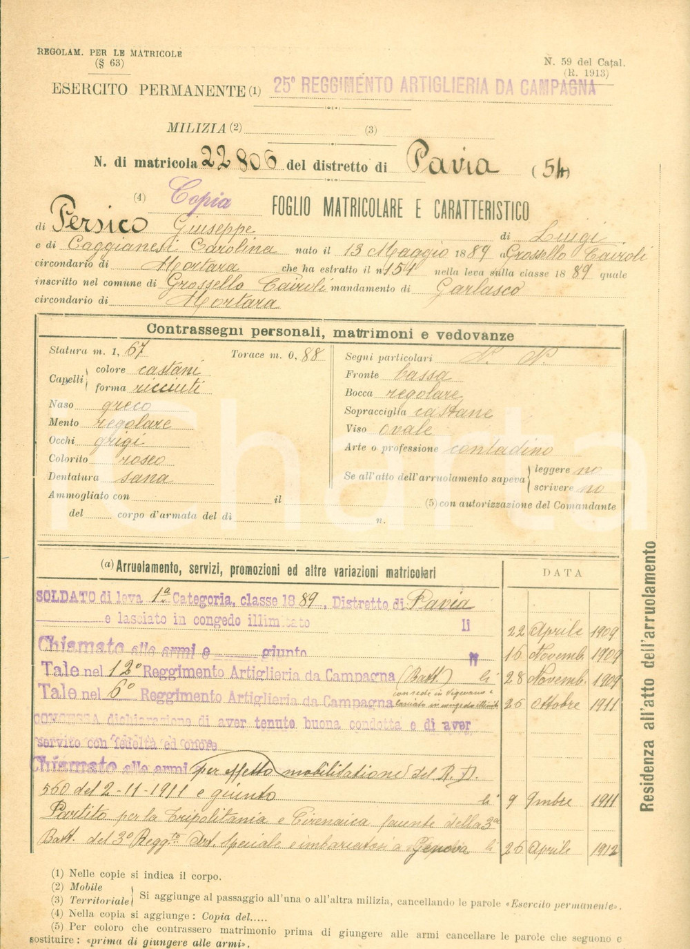 1915 GROPELLO CAIROLI (PV) 25Â° Artiglieria Giuseppe PERSICO *Foglio matricolare DATA: 1915  LUOGO: GROPELLO CAIROLI (PV)  TITOLO: 25&deg; REGGIMENTO ARTIGLIERIA DA CAMPAGNAFOGLIO MATRICOLARE DI GIUSEPPE PERSICO  DESCRIZIONE: Documento d'epoca, a stampa con inserti manoscritti.  PAGINE: 4  FORMATO: cm 21 x 32  CONDIZIONI: buone (ma piegatura centrale coeva).  Documento d'epoca, originale, autentico.      originale e autentica 1
