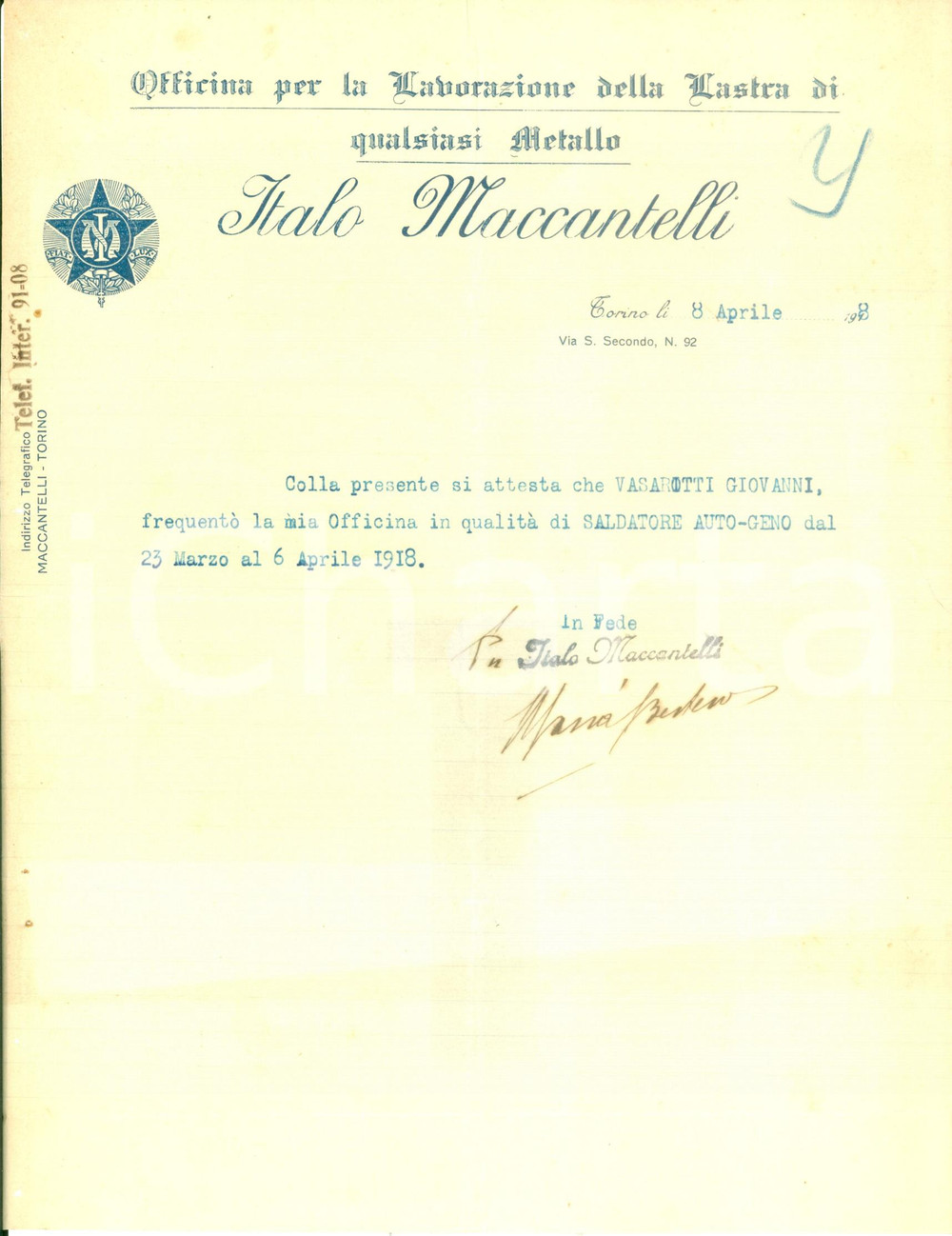 Documento originale, autentico 1918 TORINO Italo MACCANTELLI Lavorazione lastre metallo su Giovanni VASAROTTI 1