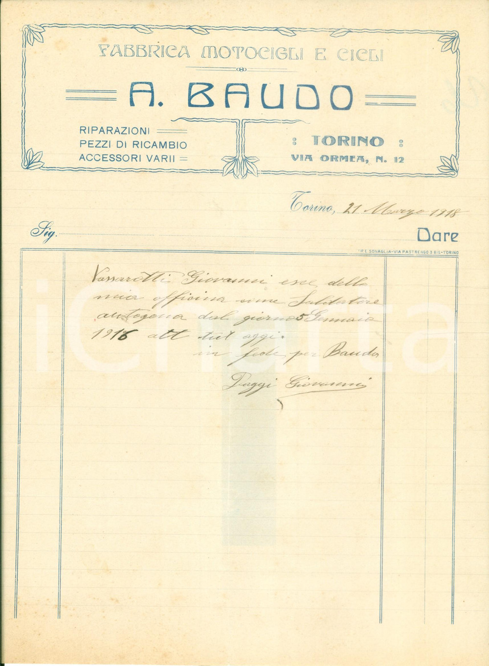 Documento originale, autentico 1918 TORINO Fabbrica motocicli e cicli BAUDO Giovanni VASSAROTTI saldatore 1