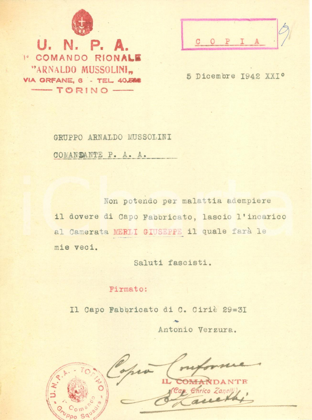 Documento originale, autentico 1942 TORINO Giuseppe MERLI Capo Fabbricato Unione Nazionale Protezione Antiaerea 1