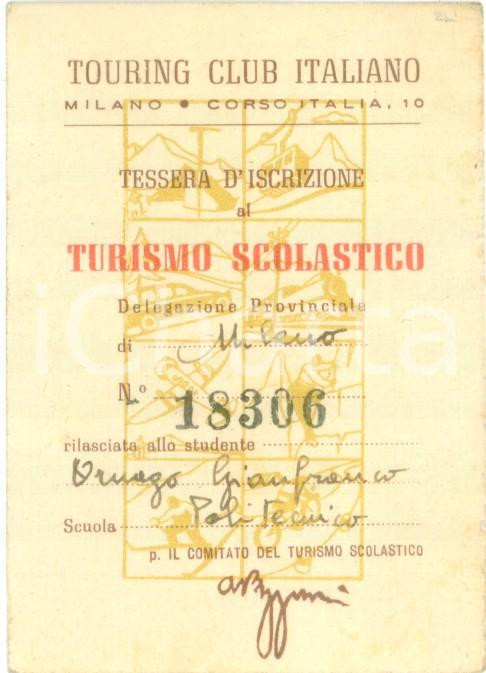 Materiale pubblicitario d’epoca 1948 MILANO TOURING CLUB Tessera iscrizione al turismo scolastico POLITECNICO 1