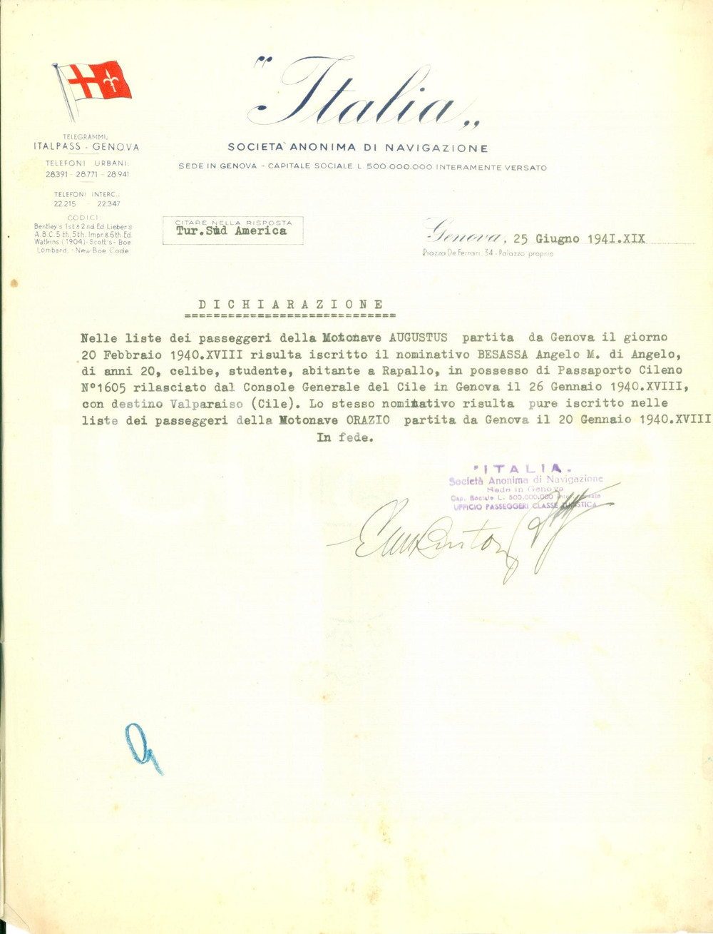Documento originale, autentico 1941 GENOVA WW2 Angelo BESASSA di RAPALLO parte su motonave AUGUSTUS per il CILE 1