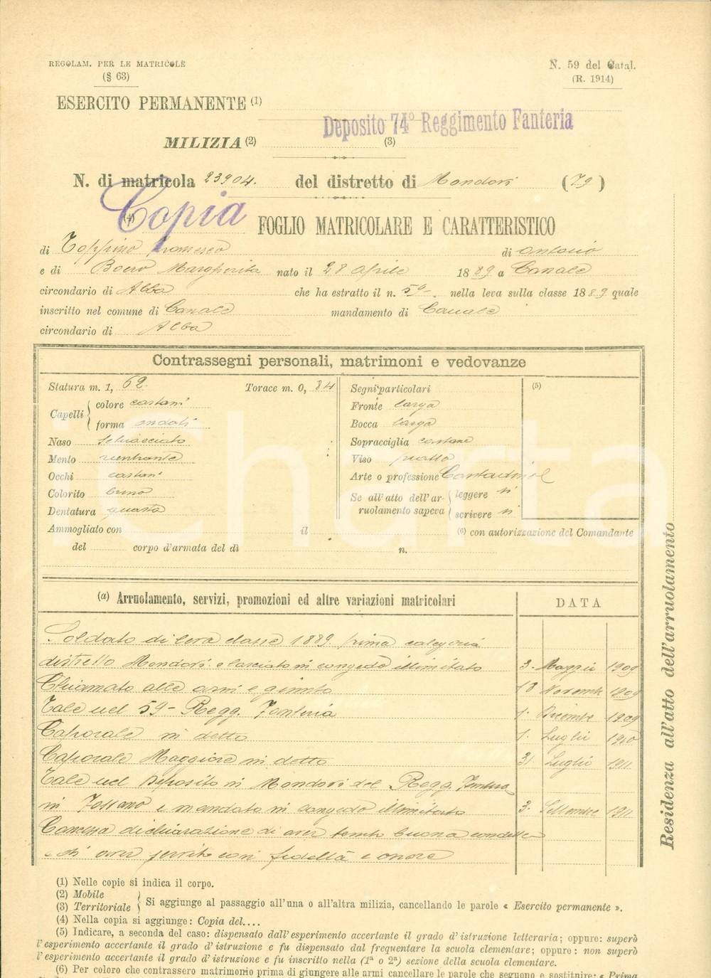 Documento originale, autentico 1915 MONDOVI  CN WW1 74Â° Reggimento Fanteria Stato servizio Francesco TOPPINO 1