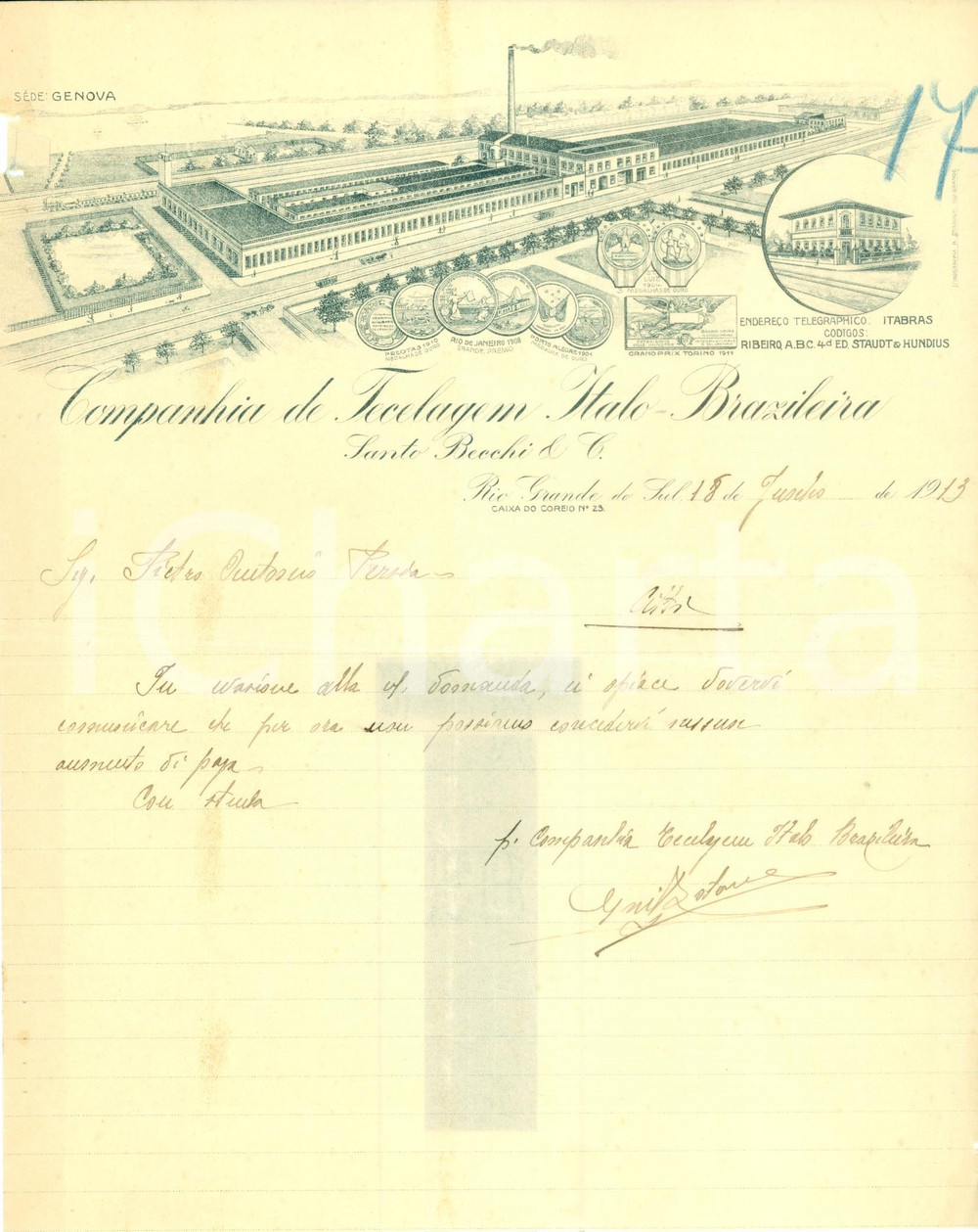 Documento originale, autentico 1913 RIO GRANDE DO SUL BRASILE Companhia de Tecelagem ItaloBrazileira Fattura 1