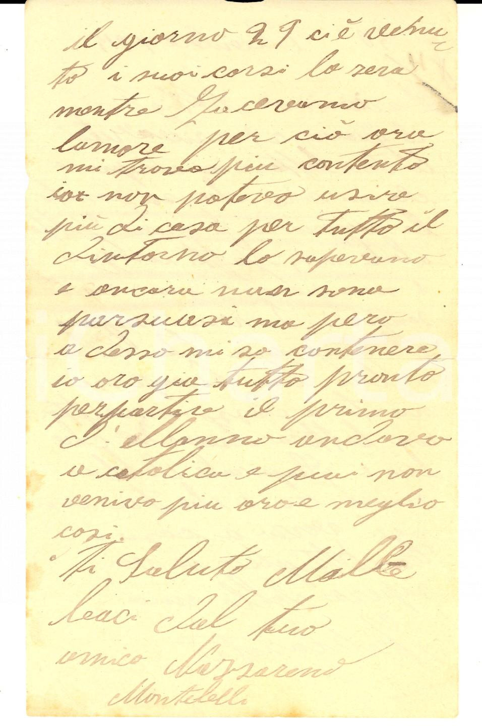 Manoscritto, lettera originale 1915 Nazzareno MONTEBELLI sorpreso in intimità con la fidanzata Lettera 1