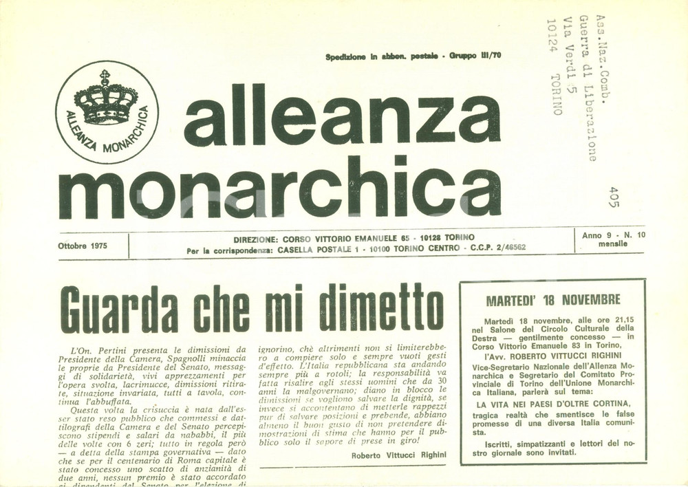 Giornale, rivista storica 1975 ALLEANZA MONARCHICA Zona B del Territorio Libero di TRIESTE venduta a Tito 1