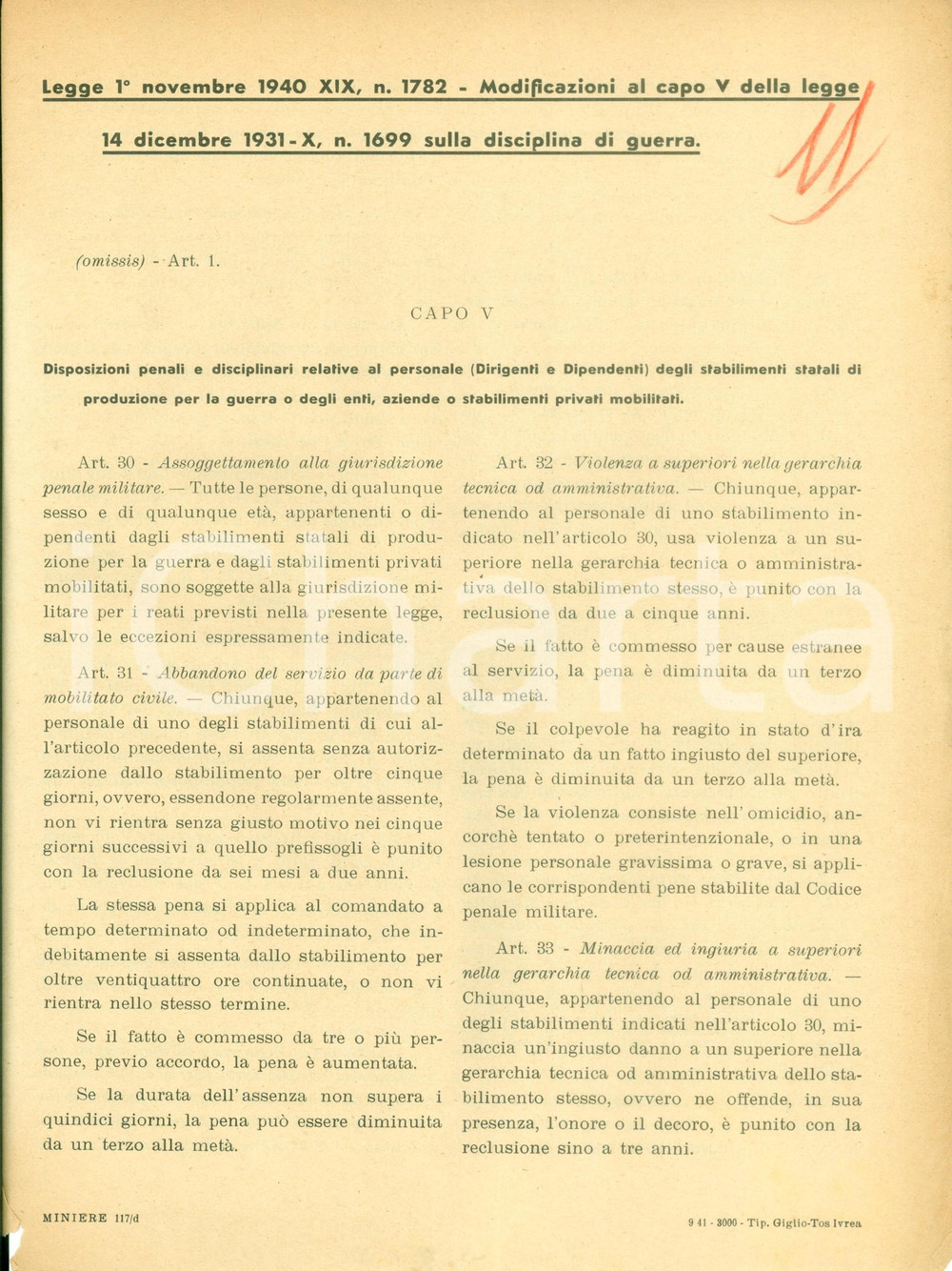 Documento originale, autentico 1941 WW2 DISCIPLINA DI GUERRA Norme penali per stabilimenti produzione bellica 1