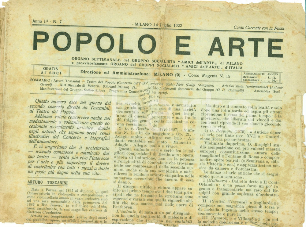 Giornale, rivista storica 1922 POPOLO E ARTE Secondo concerto Arturo TOSCANINI Teatro Popolo DANNEGGIATO 1